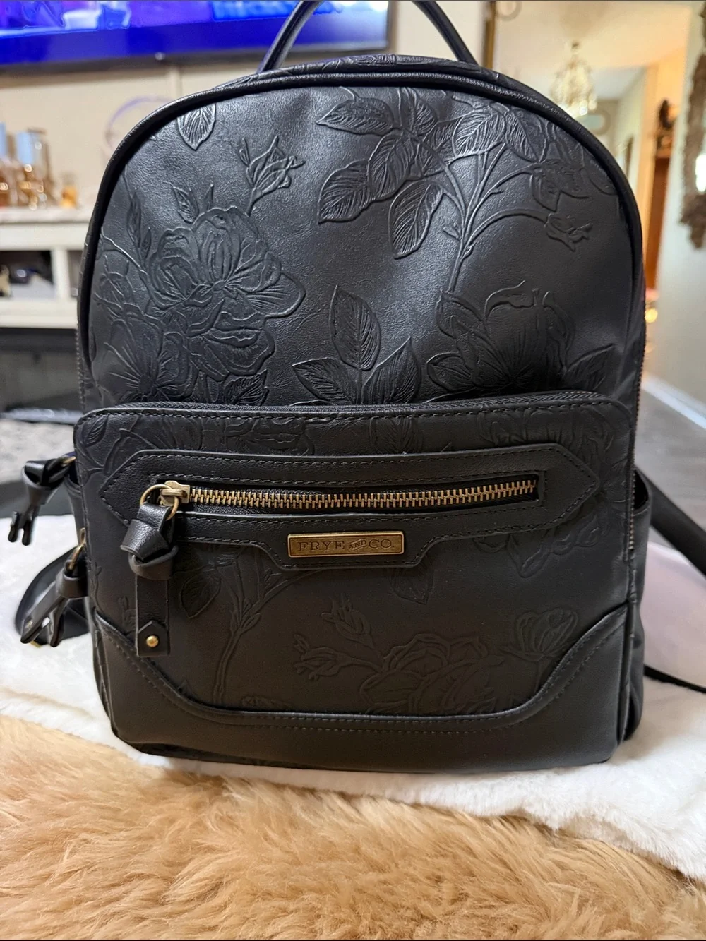 Frye & Co Brown Embossed Dome Backpack Tooling Leather Look Western Black